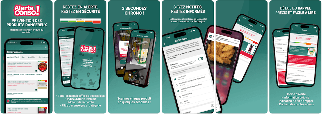 Copies d'écran Alerte Conso - Rappel Produit Dangereux