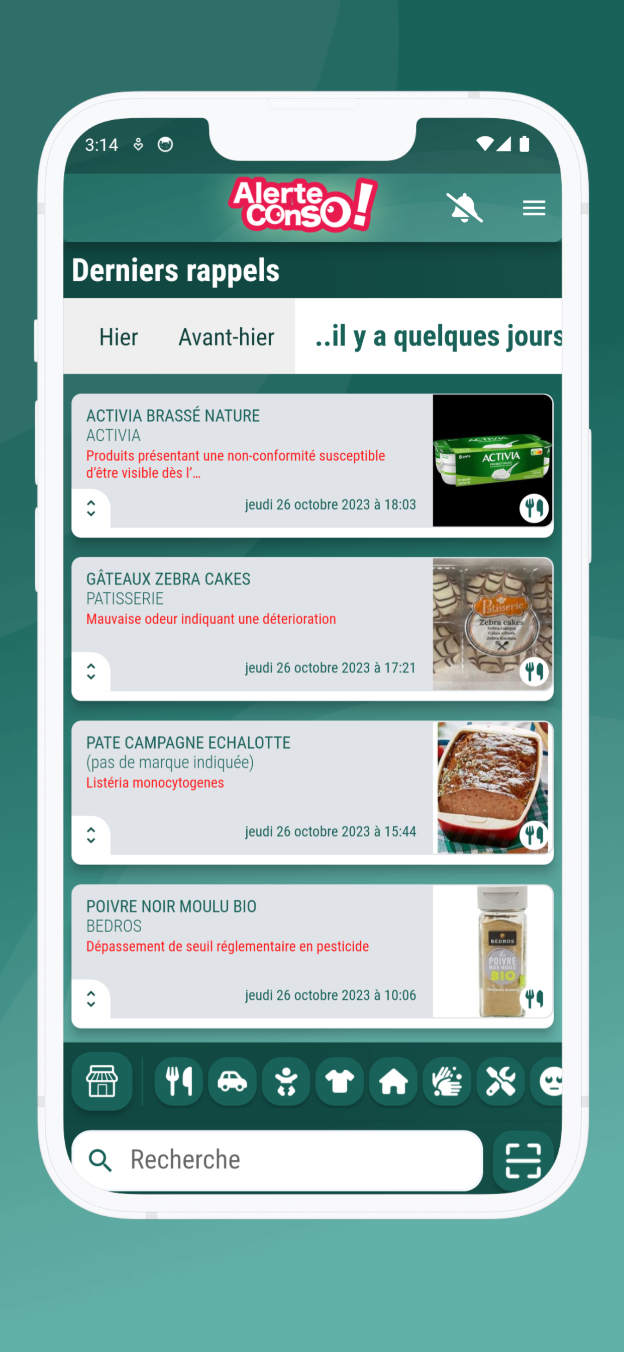Ecran de l'application Alerte-Conso