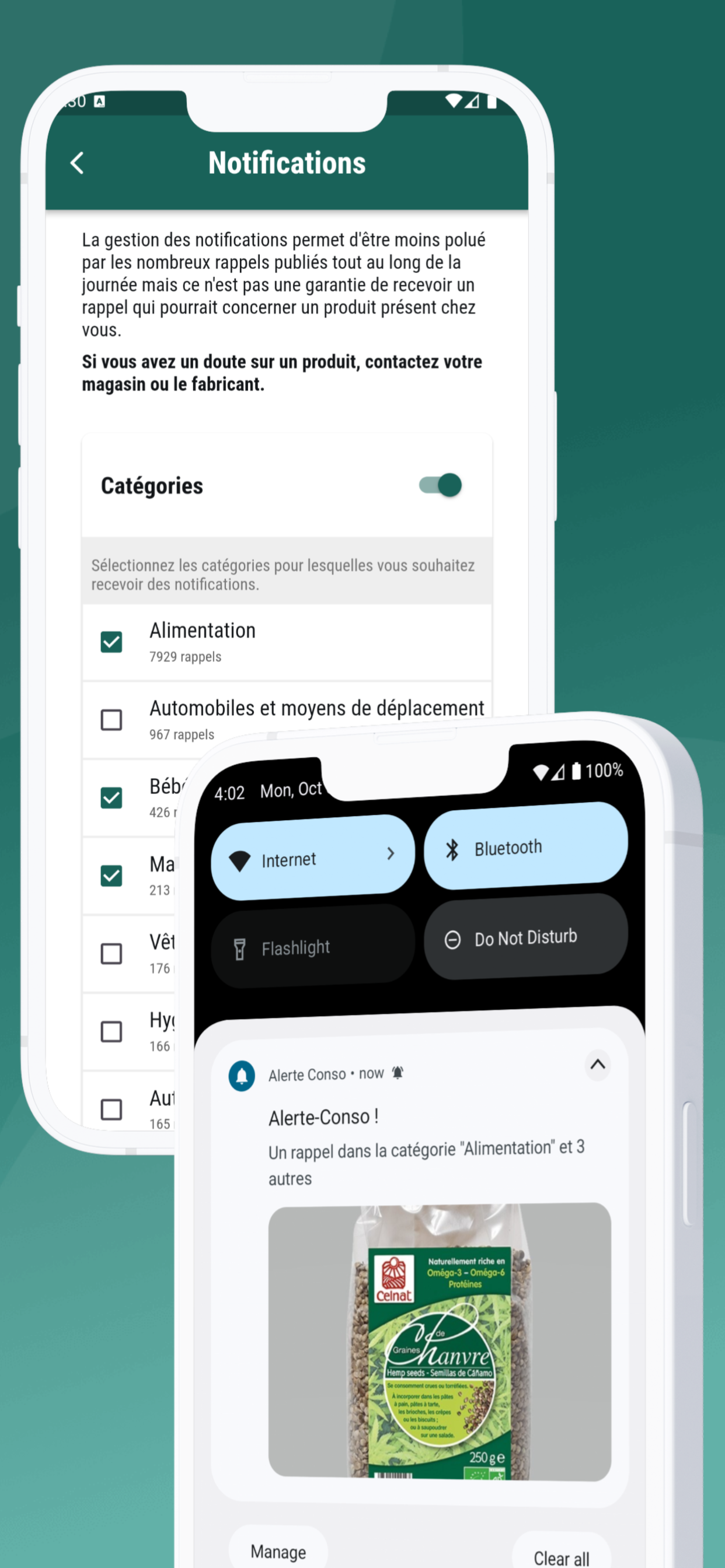 Ecrans des notifications Alerte-Conso